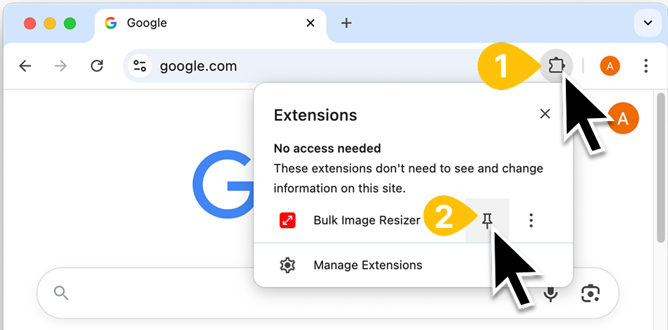 Step 1 — pin Bulk Image Resizer to the toolbar